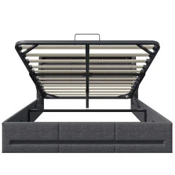 Lit 140x190 avec Sommier LED et USB, Lit Coffre avec Rangement et Tete de Lit, Gris><noscript><img width=