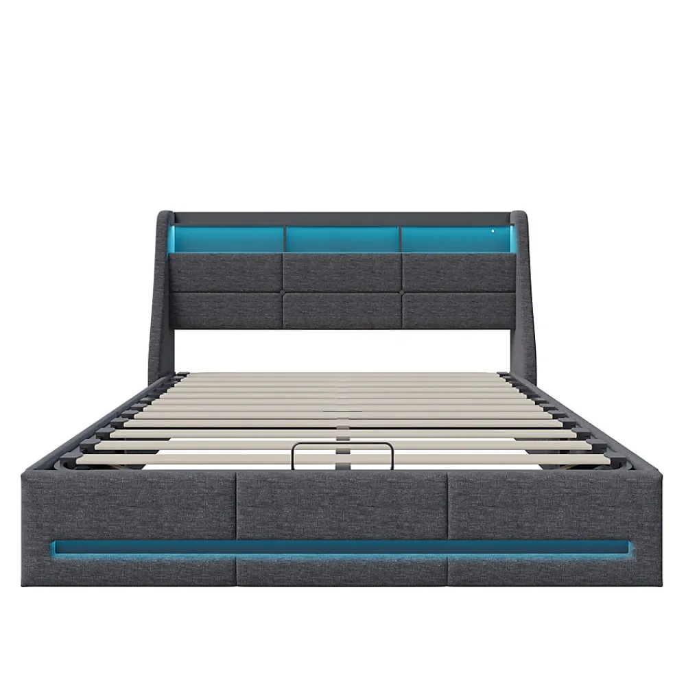 Lit 140x190 avec Sommier LED et USB, Lit Coffre avec Rangement et Tete de Lit, Gris>Simple Life New
