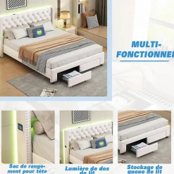 Lit 160x200 avec Sommier, Lit Coffre avec 2 Tiroirs et Hydraulique Rangement, Lits Double Rembourré en Velours,Beige><noscript><img width=
