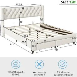 Lit 160x200 avec Sommier, Lit Coffre avec 2 Tiroirs et Hydraulique Rangement, Lits Double Rembourré en Velours,Beige><noscript><img width=