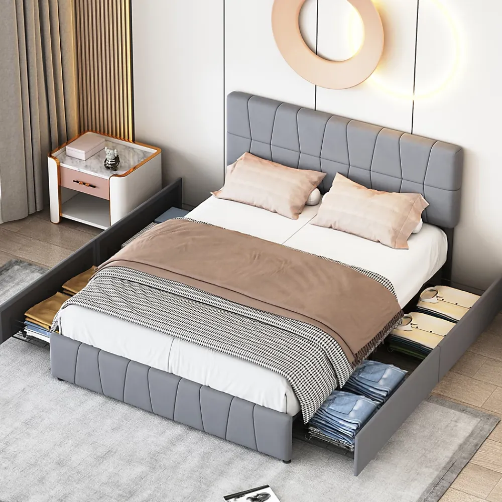 Simple Life Lit 160x200, Cadre De Lit Avec Tête De Lit Capitonnée Réglable En Hauteur, 4 Tiroirs, Gris* Lit Coffre