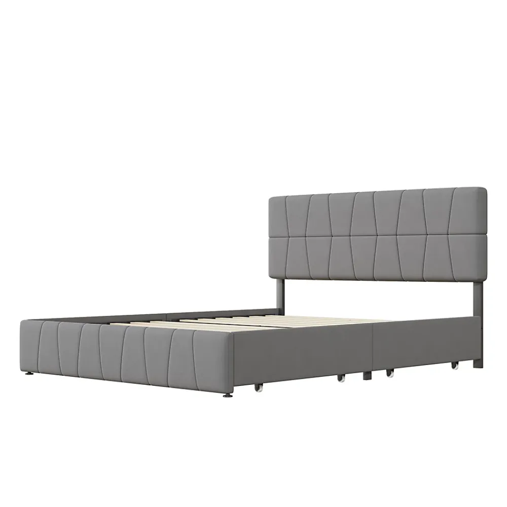 Simple Life Lit 160x200, Cadre De Lit Avec Tête De Lit Capitonnée Réglable En Hauteur, 4 Tiroirs, Gris* Lit Coffre