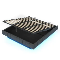 Lit 180x200 cm à effet flottant avec rangement hydraulique, cadre métal robuste, tapissé lin gris, LED><noscript><img width=