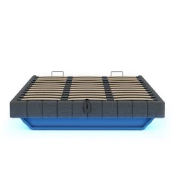 Lit 180x200 cm à effet flottant avec rangement hydraulique, cadre métal robuste, tapissé lin gris, LED><noscript><img width=