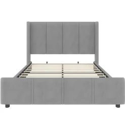 Lit 140x190 cm - tête de lit haute en velours gris foncé, ports USB intégrés, cadre métal & panneau bois><noscript><img width=