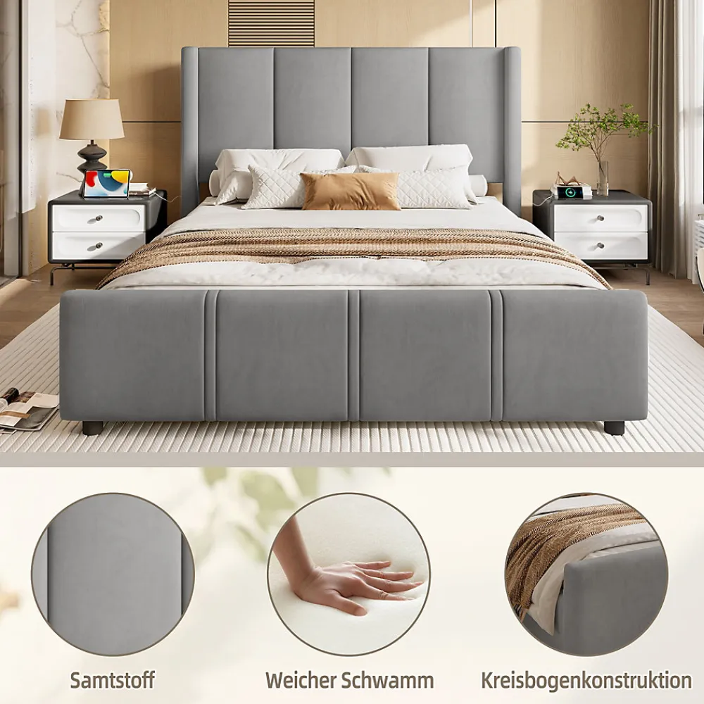 Lit 140x190 cm - tête de lit haute en velours gris foncé, ports USB intégrés, cadre métal & panneau bois>Redom Sale