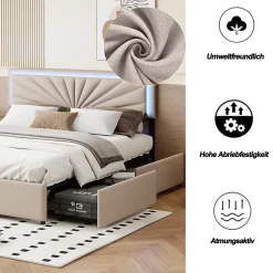 Simple Life Lit 160x200 cm avec 4 tiroirs de rangement, tête de lit avec éclairage LED, revêtement en tissu beige, Lit coffre moderne* Lit Coffre