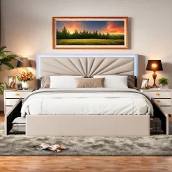 Simple Life Lit 160x200 cm avec 4 tiroirs de rangement, tête de lit avec éclairage LED, revêtement en tissu beige, Lit coffre moderne* Lit Coffre