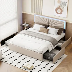 Lit 160x200 cm avec 4 tiroirs de rangement, tête de lit avec éclairage LED, revêtement en tissu beige,Lit coffre moderne>ProximaX Discount