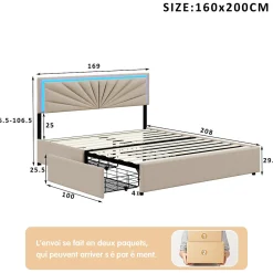 Lit 160x200 cm avec 4 tiroirs de rangement, tête de lit avec éclairage LED, revêtement en tissu beige,Lit coffre moderne><noscript><img width=