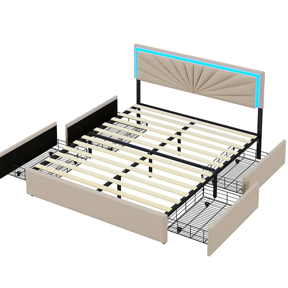 Lit 160x200 cm avec 4 tiroirs de rangement, tête de lit avec éclairage LED, revêtement en tissu beige,Lit coffre moderne>ProximaX Discount