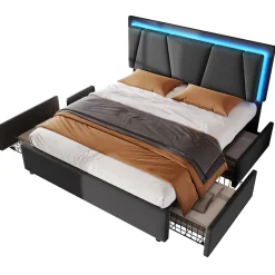 Redom Lit 140x200 cm avec 4 tiroirs et tête de lit réglable 10 cm, LED télécommandée, structure métal et tissu gris* Ensemble Sommier Et Matelas