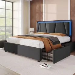 Redom Lit 140x200 cm avec 4 tiroirs et tête de lit réglable 10 cm, LED télécommandée, structure métal et tissu gris* Ensemble Sommier Et Matelas