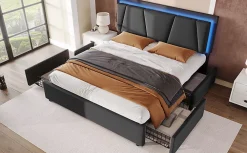 Redom Lit 140x200 cm avec 4 tiroirs et tête de lit réglable 10 cm, LED télécommandée, structure métal et tissu gris* Ensemble Sommier Et Matelas