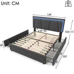 Redom Lit 140x200 cm avec 4 tiroirs et tête de lit réglable 10 cm, LED télécommandée, structure métal et tissu gris* Ensemble Sommier Et Matelas