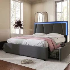 Redom Lit 140x200 cm avec 4 tiroirs et tête de lit réglable 10 cm, LED télécommandée, structure métal et tissu gris* Ensemble Sommier Et Matelas
