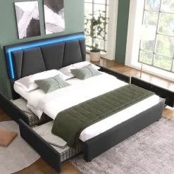 Redom Lit 140x200 cm avec 4 tiroirs et tête de lit réglable 10 cm, LED télécommandée, structure métal et tissu gris* Ensemble Sommier Et Matelas