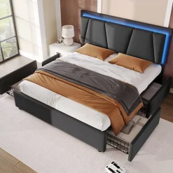 Redom Lit 140x200 cm avec 4 tiroirs et tête de lit réglable 10 cm, LED télécommandée, structure métal et tissu gris* Ensemble Sommier Et Matelas