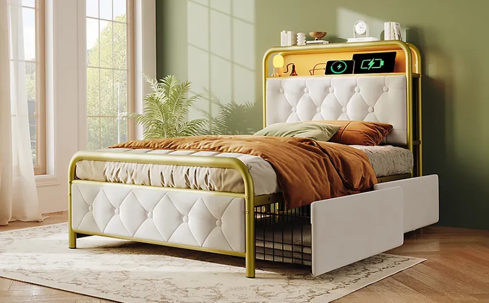 Redom Lit 90x200 cm avec 2 tiroirs et tête de lit avec prises USB Type-C, LED et cadre métal tapissé velours blanc* Ensemble Sommier Et Matelas