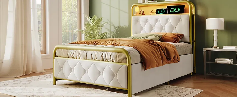Redom Lit 90x200 cm avec 2 tiroirs et tête de lit avec prises USB Type-C, LED et cadre métal tapissé velours blanc* Ensemble Sommier Et Matelas
