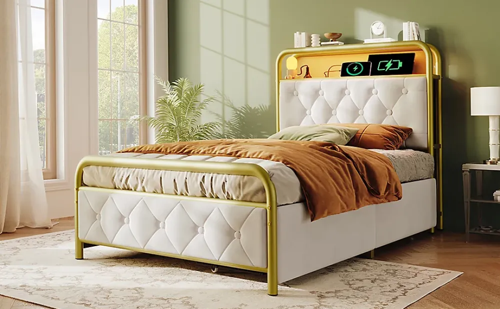 Redom Lit 90x200 cm avec 2 tiroirs et tête de lit avec prises USB Type-C, LED et cadre métal tapissé velours blanc* Ensemble Sommier Et Matelas
