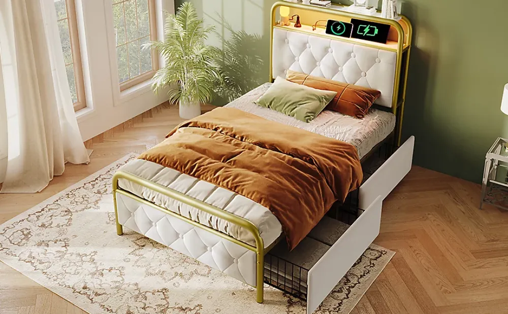 Redom Lit 90x200 cm avec 2 tiroirs et tête de lit avec prises USB Type-C, LED et cadre métal tapissé velours blanc* Ensemble Sommier Et Matelas
