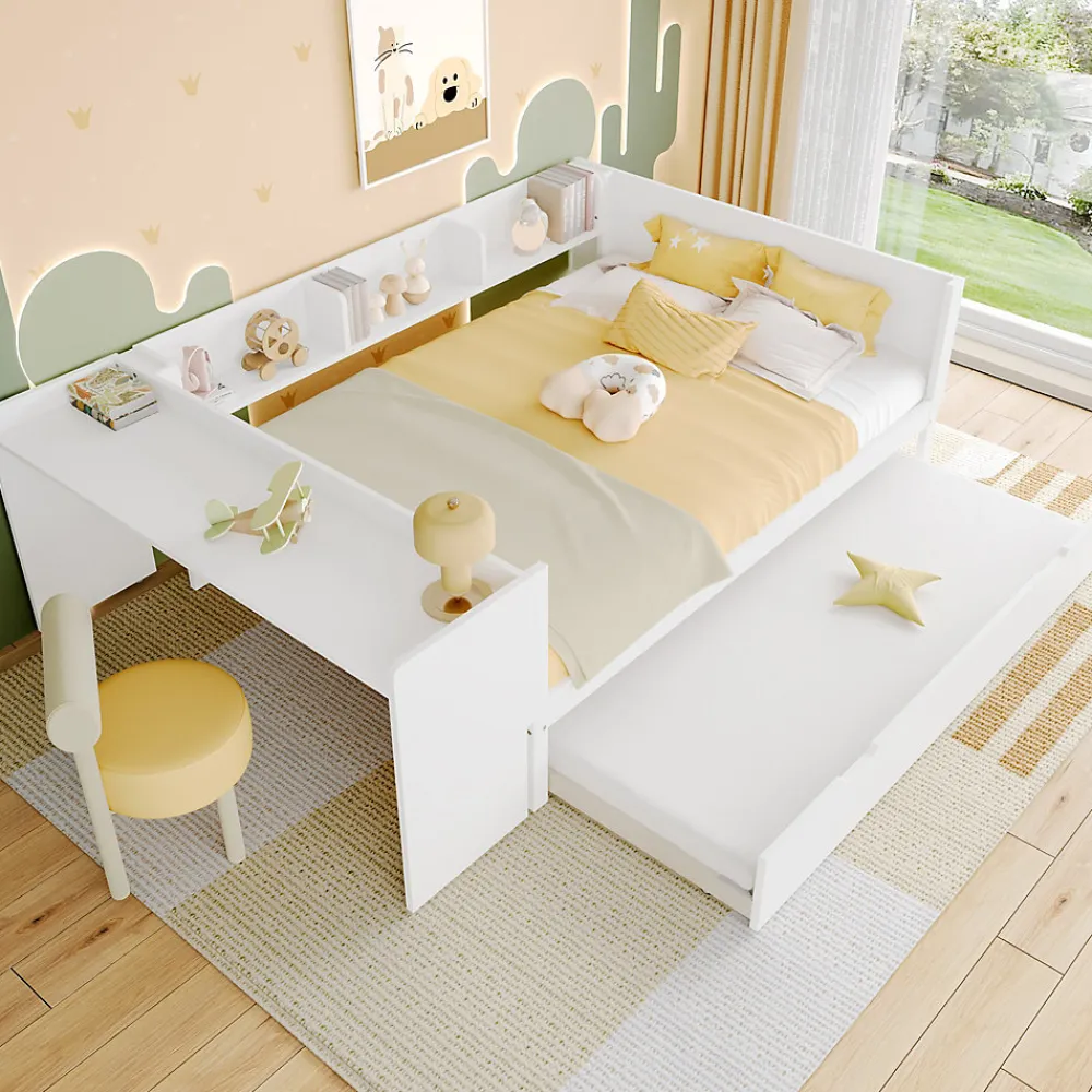 Lit 140x200 cm avec bureau intégré et lit gigogne, structure pin blanc et 3 étagères fonctionnelles>Redom Outlet
