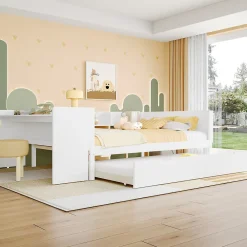 Lit 140x200 cm avec bureau intégré et lit gigogne, structure pin blanc et 3 étagères fonctionnelles>Redom Outlet