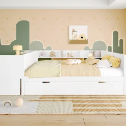 Lit 140x200 cm avec bureau intégré et lit gigogne, structure pin blanc et 3 étagères fonctionnelles><noscript><img width=