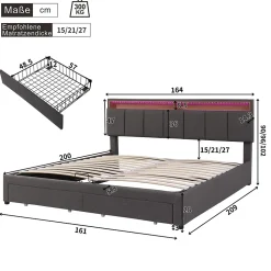 Redom Lit 160x200 cm avec éclairage LED intégré, tête de lit rembourrée en lin gris foncé et cadre métal robuste* Lit Avec Rangement
