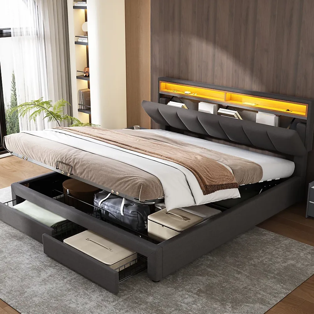 Redom Lit 160x200 cm avec éclairage LED intégré, tête de lit rembourrée en lin gris foncé et cadre métal robuste* Lit Avec Rangement