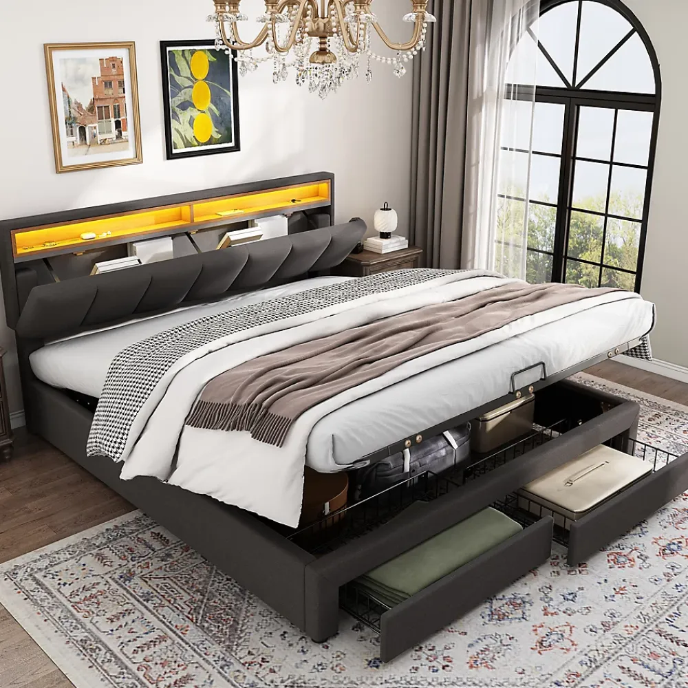 Redom Lit 160x200 cm avec éclairage LED intégré, tête de lit rembourrée en lin gris foncé et cadre métal robuste* Lit Avec Rangement