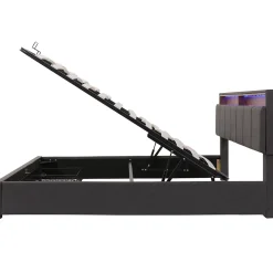 Redom Lit 160x200 cm avec éclairage LED intégré, tête de lit rembourrée en lin gris foncé et cadre métal robuste* Lit Avec Rangement