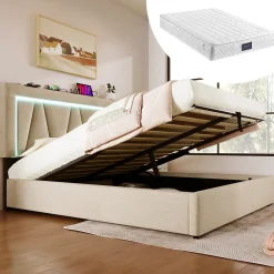 Lit 160x200 cm avec éclairage LED et ports USB Type-C, coffre de rangement intégré, revêtement lin beige>Redom Hot