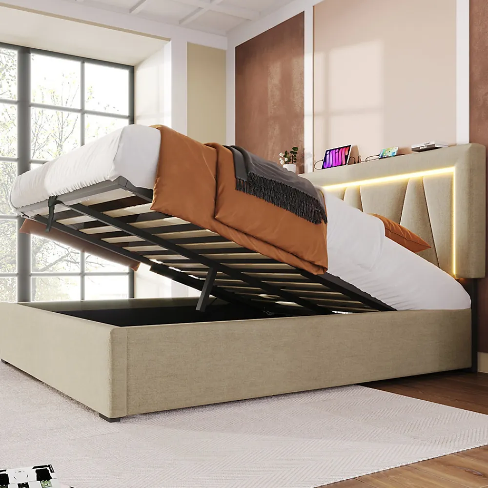 Lit 160x200 cm avec éclairage LED et ports USB Type-C, coffre de rangement intégré, revêtement lin beige>Redom Hot