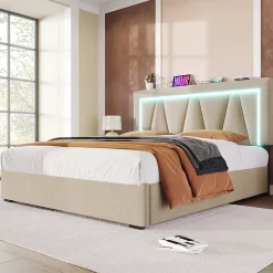 Lit 160x200 cm avec éclairage LED et ports USB Type-C, coffre de rangement intégré, revêtement lin beige><noscript><img width=