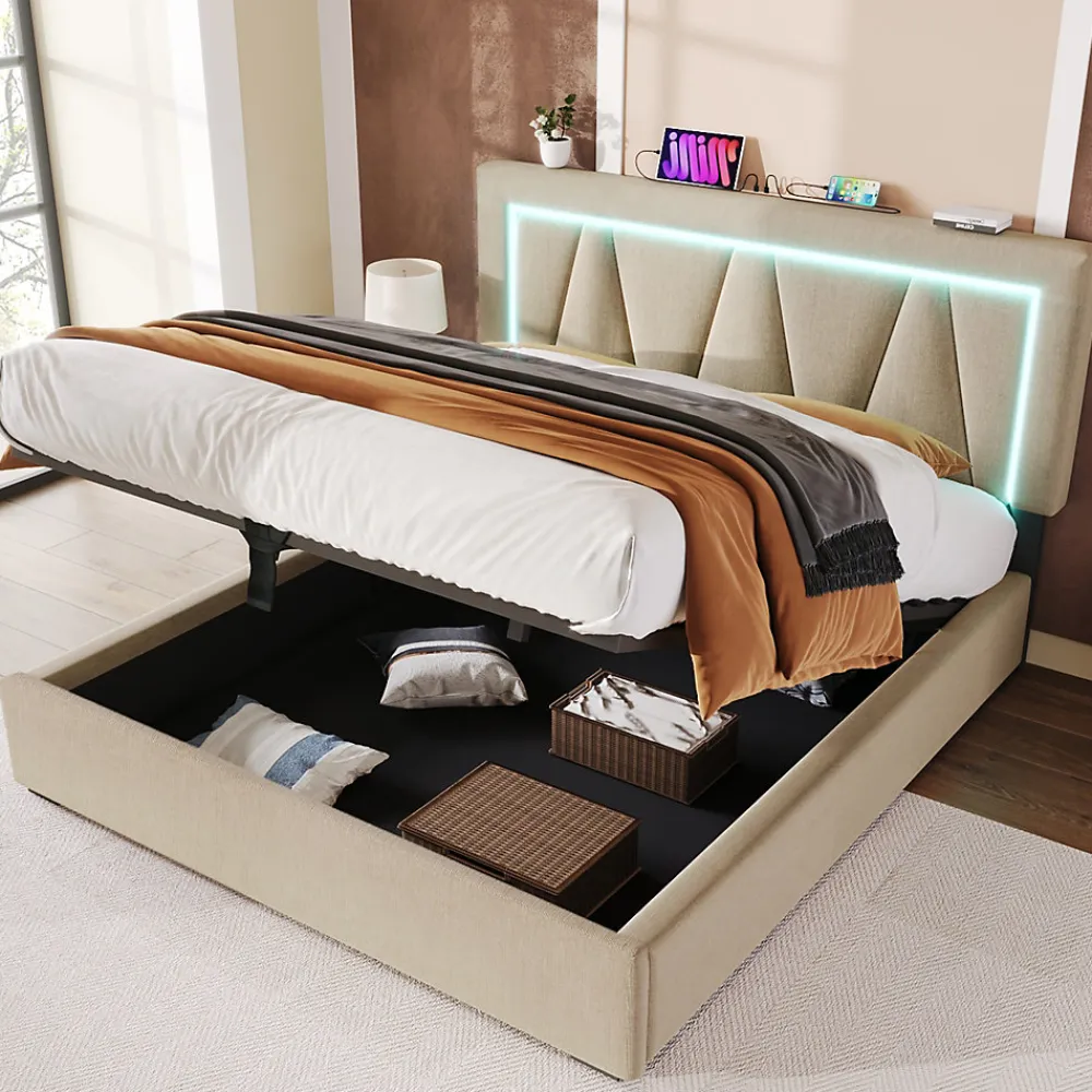 Lit 160x200 cm avec éclairage LED et ports USB Type-C, coffre de rangement intégré, revêtement lin beige>Redom Hot