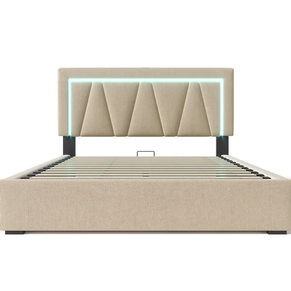 Lit 160x200 cm avec éclairage LED et ports USB Type-C, coffre de rangement intégré, revêtement lin beige>Redom Hot