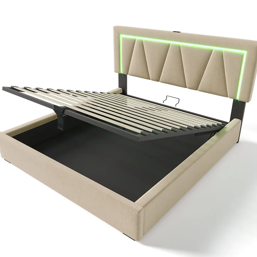 Lit 160x200 cm avec éclairage LED et ports USB Type-C, coffre de rangement intégré, revêtement lin beige>Redom Hot