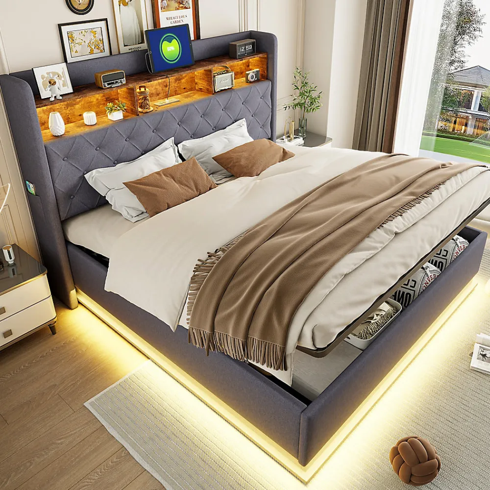 Redom Lit 180x200 cm avec éclairage LED multicolore et rangement hydraulique, tapissé tissu lin gris, cadre métal* Lit Avec Rangement