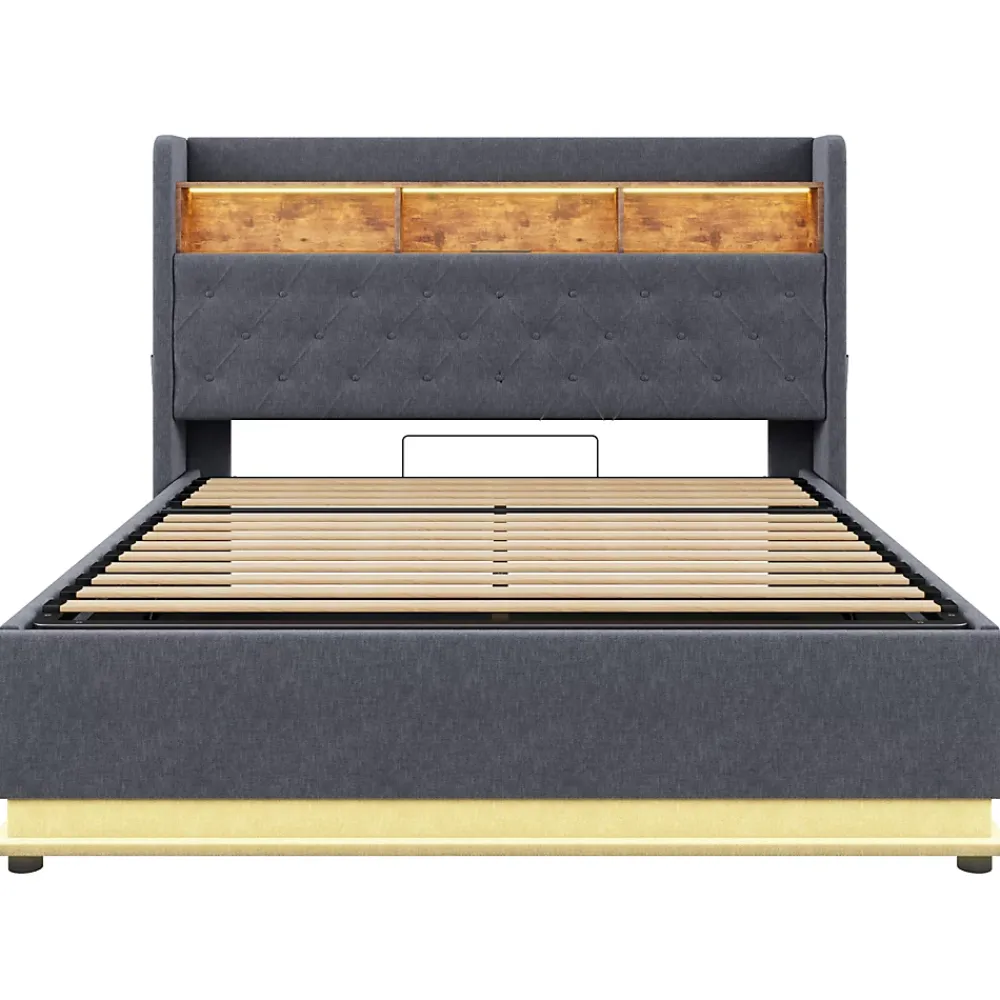 Redom Lit 180x200 cm avec éclairage LED multicolore et rangement hydraulique, tapissé tissu lin gris, cadre métal* Lit Avec Rangement