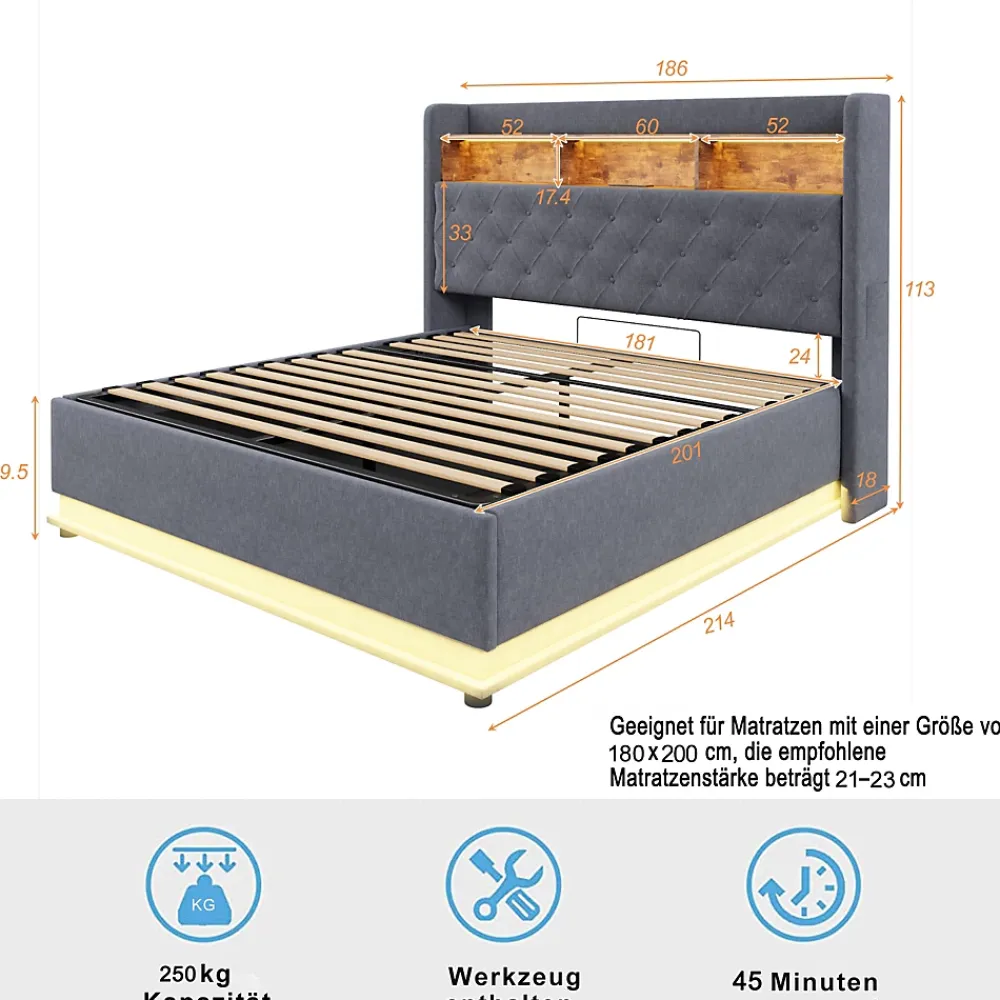 Redom Lit 180x200 cm avec éclairage LED multicolore et rangement hydraulique, tapissé tissu lin gris, cadre métal* Lit Avec Rangement