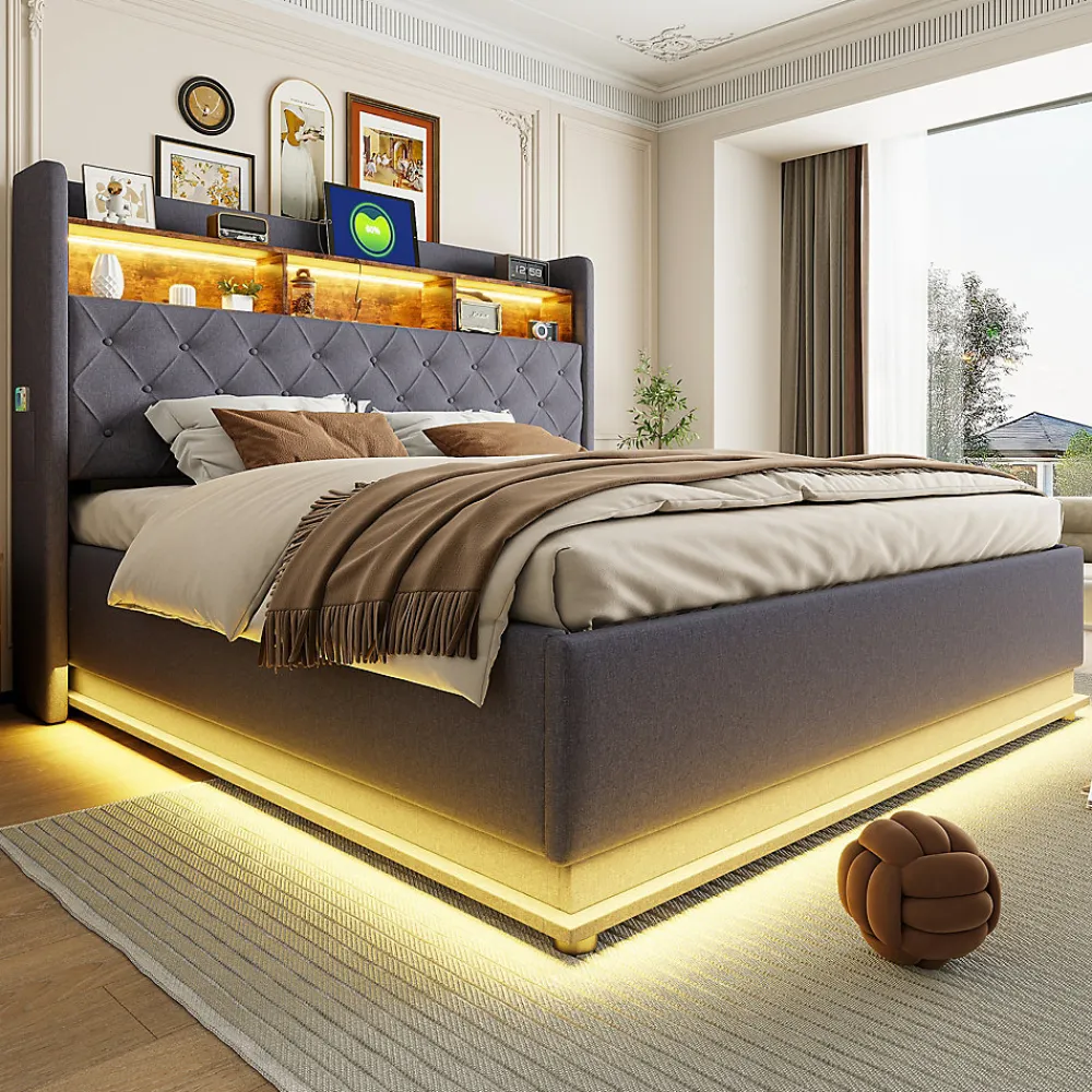 Redom Lit 180x200 cm avec éclairage LED multicolore et rangement hydraulique, tapissé tissu lin gris, cadre métal* Lit Avec Rangement