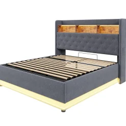 Redom Lit 180x200 cm avec éclairage LED multicolore et rangement hydraulique, tapissé tissu lin gris, cadre métal* Lit Avec Rangement