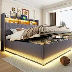 Redom Lit 180x200 cm avec éclairage LED multicolore et rangement hydraulique, tapissé tissu lin gris, cadre métal* Lit Avec Rangement