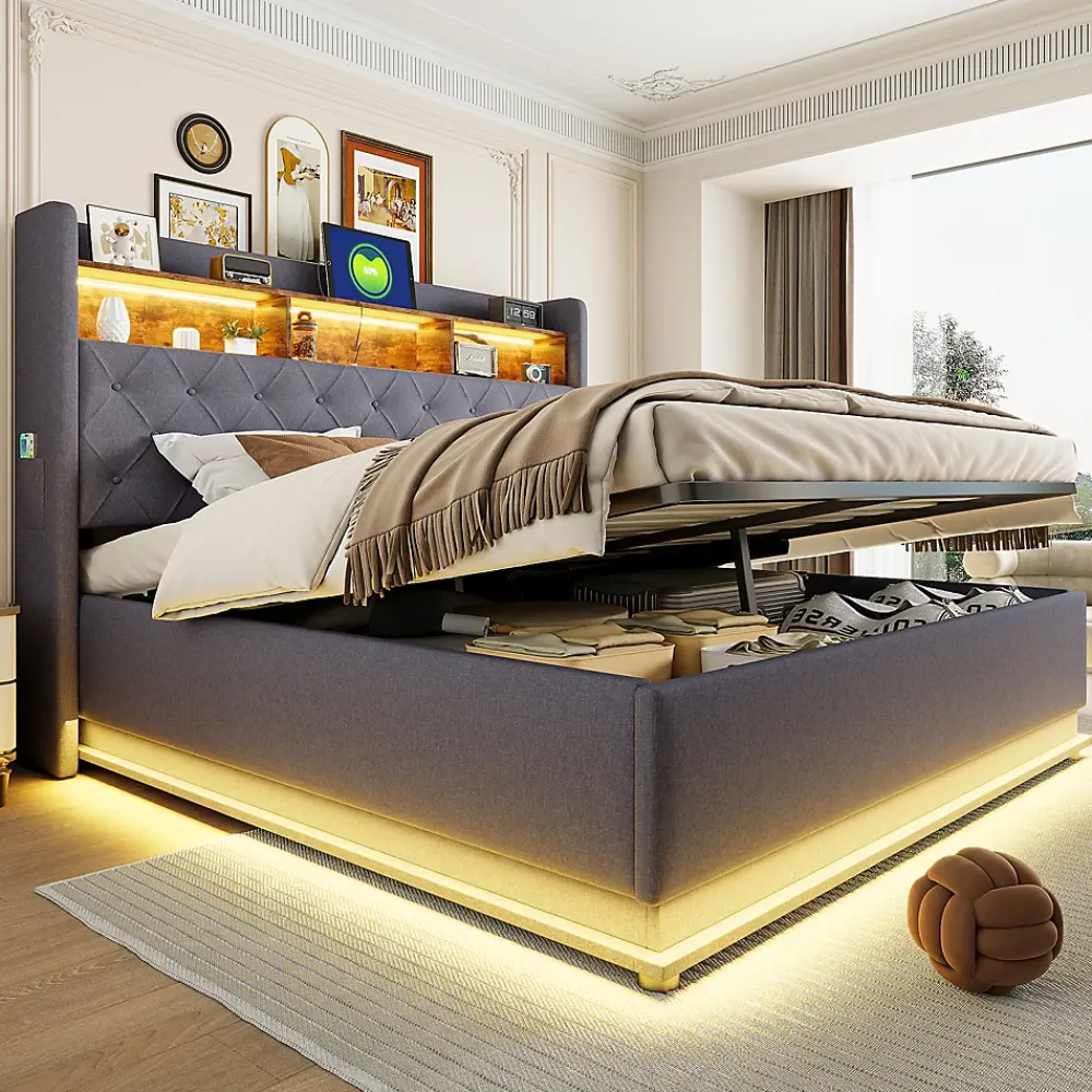 Redom Lit 180x200 cm avec éclairage LED multicolore et rangement hydraulique, tapissé tissu lin gris, cadre métal* Lit Avec Rangement