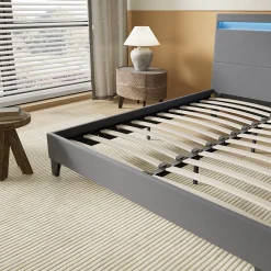 Lit 160x200 cm avec Éclairage LED Simili Gris><noscript><img width=