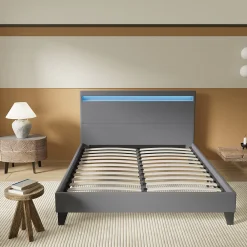Lit 160x200 cm avec Éclairage LED Simili Gris><noscript><img width=