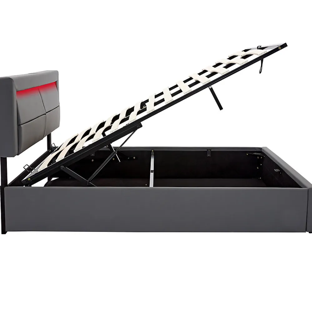 Lit 140x200 cm avec éclairage LED, ports USB rétractables et rangement, revêtement PU effet litchi gris>Redom