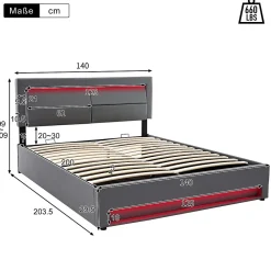Lit 140x200 cm avec éclairage LED, ports USB rétractables et rangement, revêtement PU effet litchi gris><noscript><img width=
